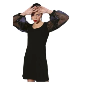 Organza And Polyester Lycra Solid Long Sleeves Dress (Black)