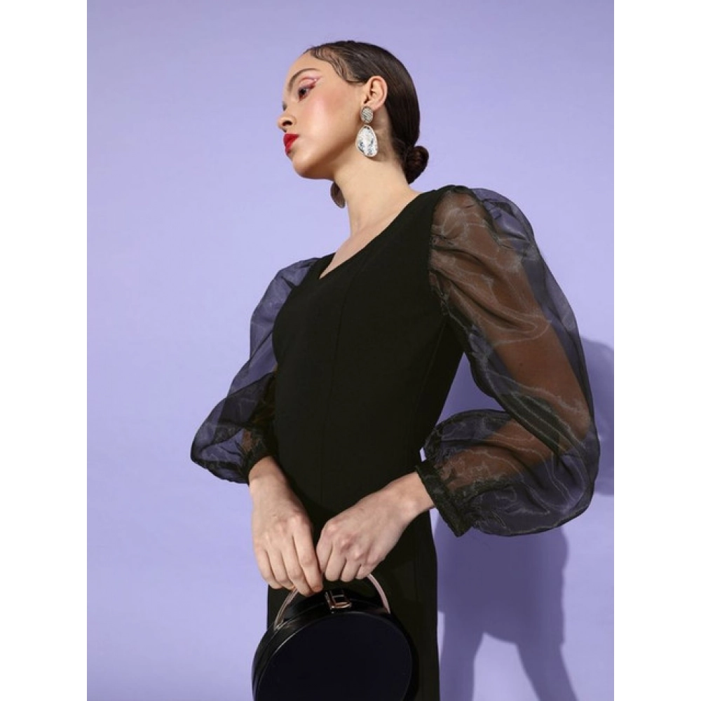 Organza And Polyester Lycra Solid Long Sleeves Dress (Black) - Image 5
