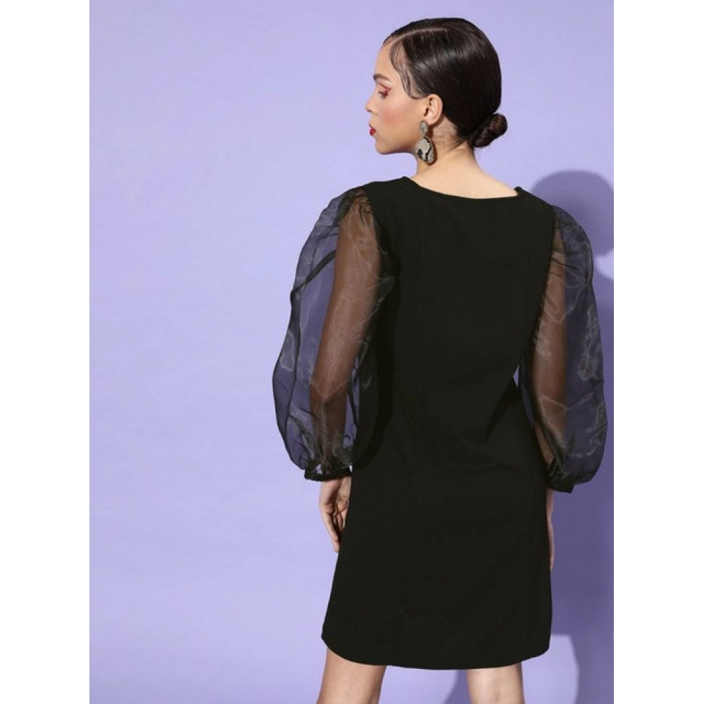 Organza And Polyester Lycra Solid Long Sleeves Dress (Black) - Image 3