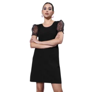 Organza And Polyester Lycra Floral Short Sleeve Dress (Black)