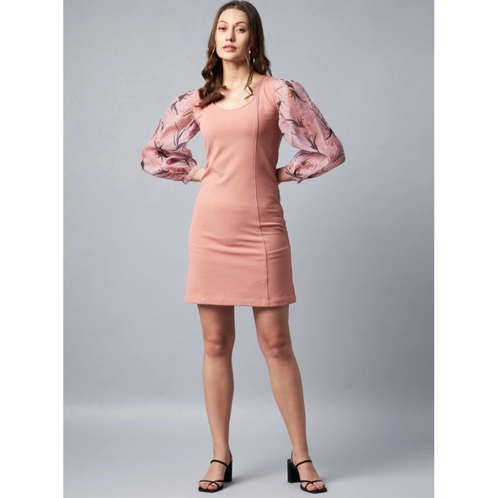 Polyester Lycra And Organza Floral Balloon Sleeve Dress (Pink) - Image 4