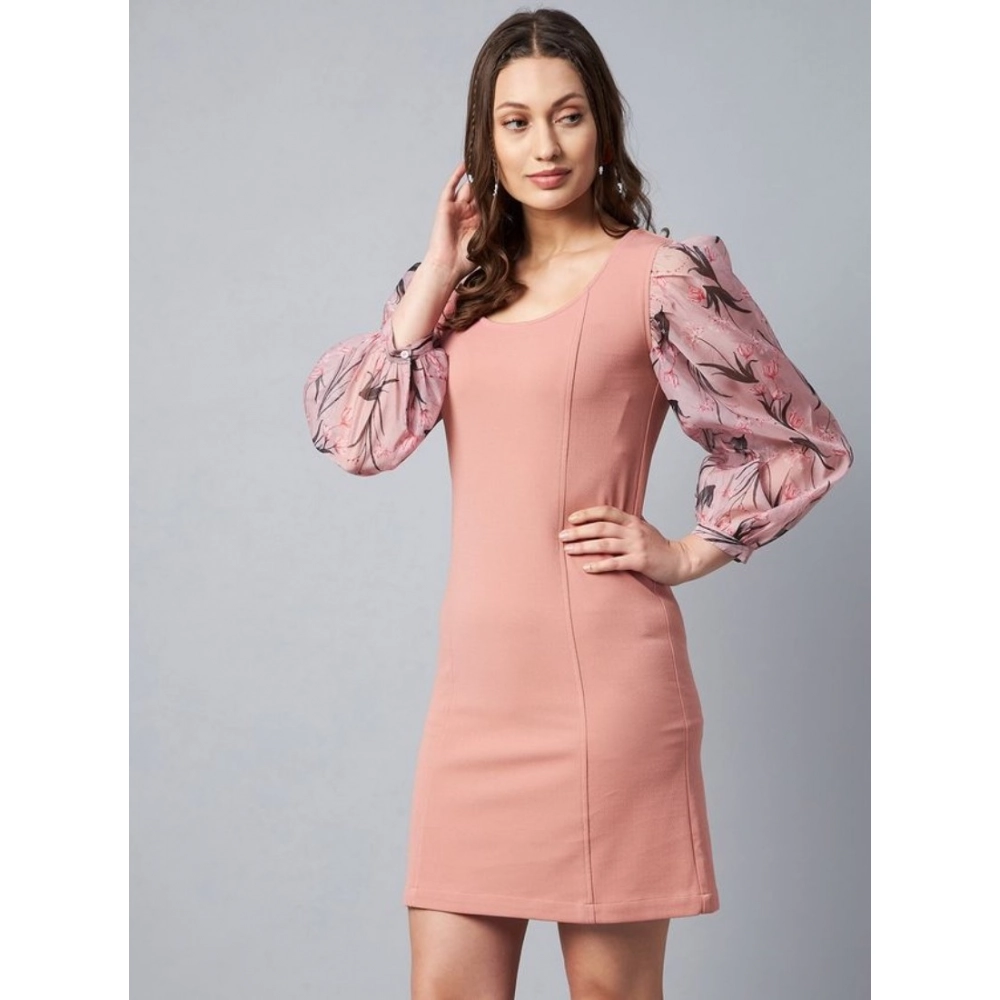 Polyester Lycra And Organza Floral Balloon Sleeve Dress (Pink) - Image 3