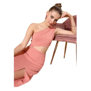 Polyester Lycra Solid Sleeveless Dress (Pink)