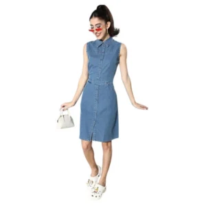 Denim Solid Sleeveless Dress (Blue)
