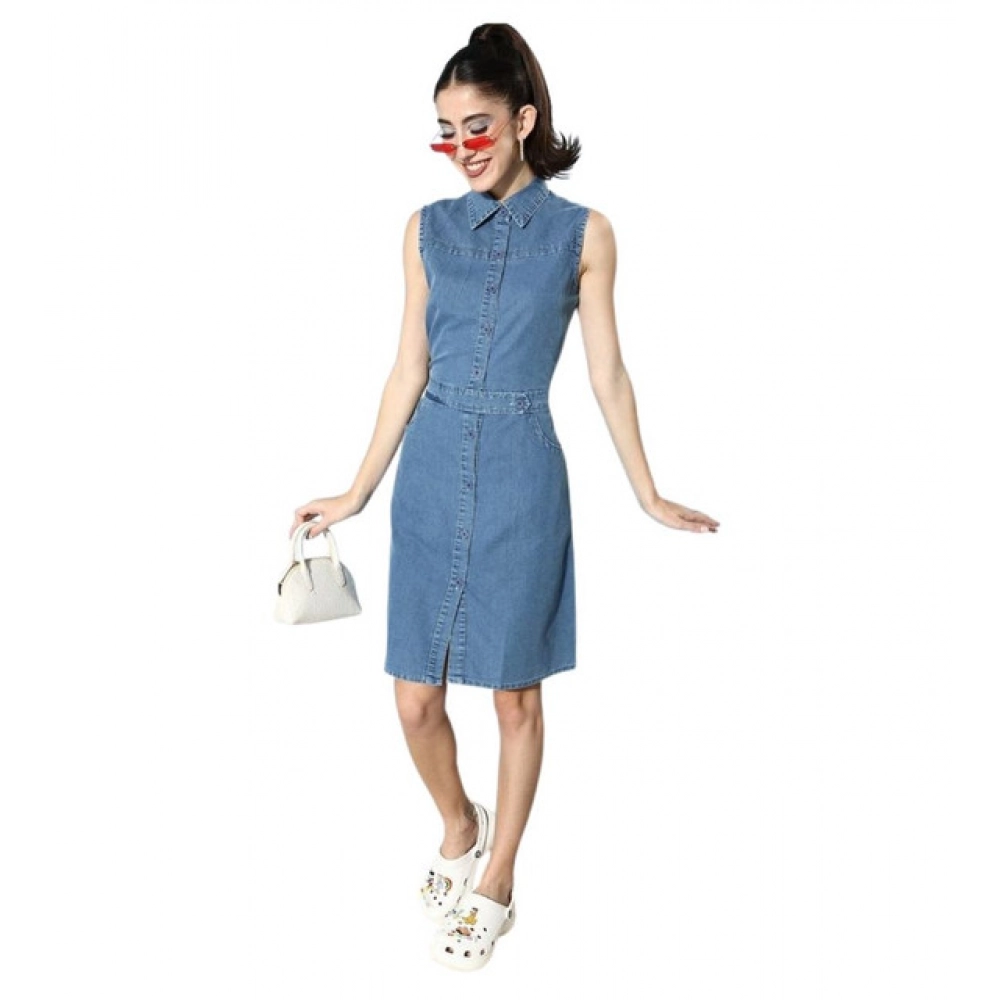 Denim Solid Sleeveless Dress (Blue)