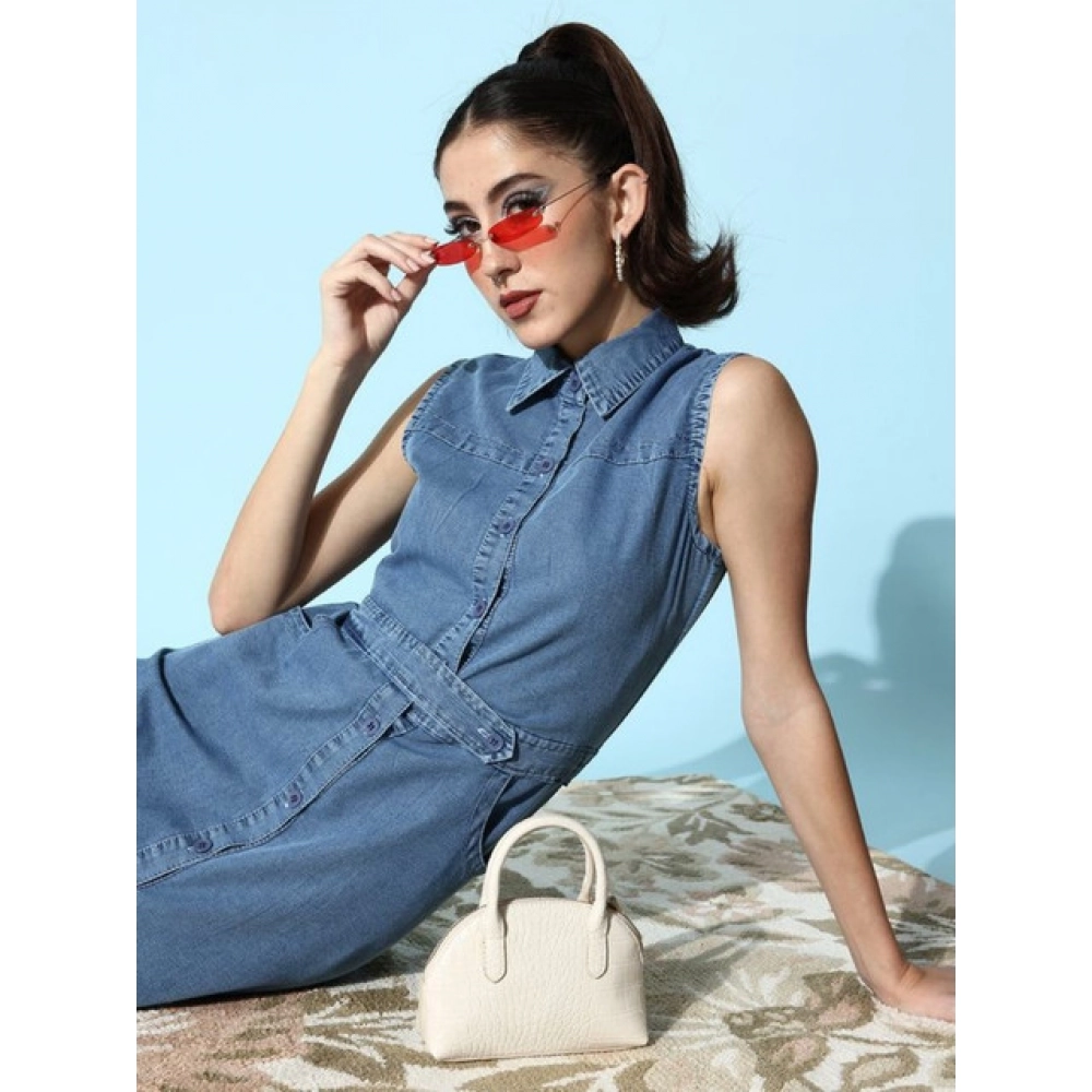Denim Solid Sleeveless Dress (Blue) - Image 5