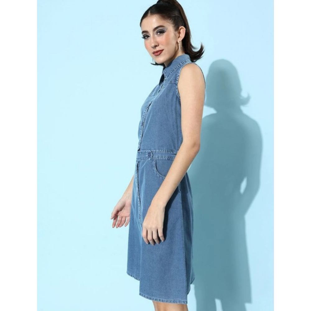 Denim Solid Sleeveless Dress (Blue) - Image 4