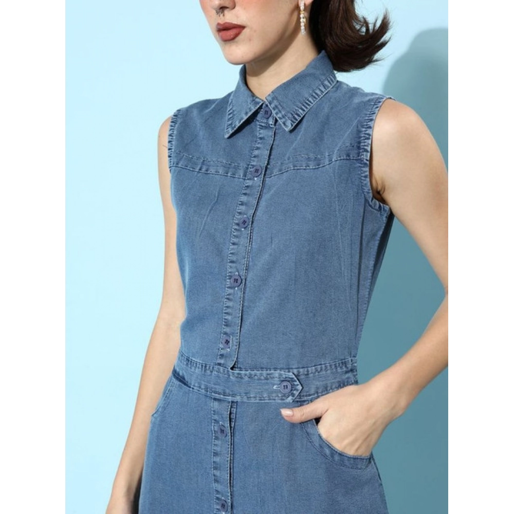 Denim Solid Sleeveless Dress (Blue) - Image 3