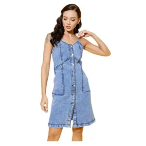 Denim Solid Sleeveless Dress (Blue)