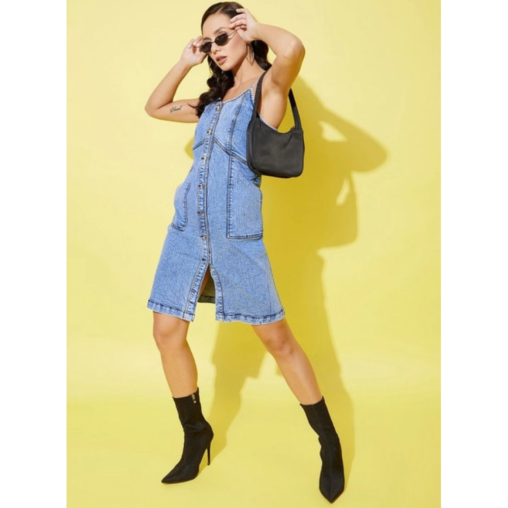 Denim Solid Sleeveless Dress (Blue) - Image 4