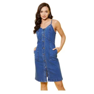 Denim Washed Shoulder Straps Dress (Blue)
