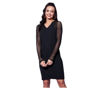 Polyester And Net Solid Long Sleeves Dress (Black)