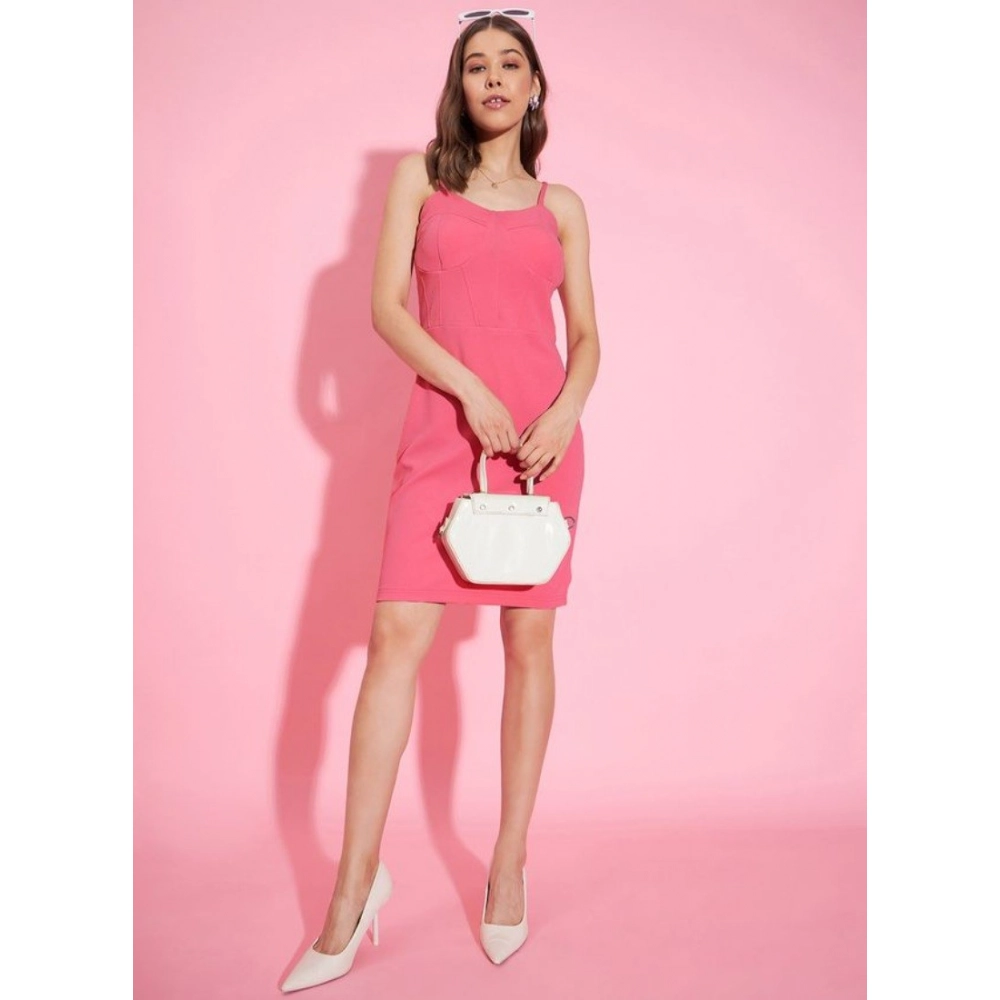 Polyester Lycra Solid Shoulder Straps Dress (Pink) - Image 5
