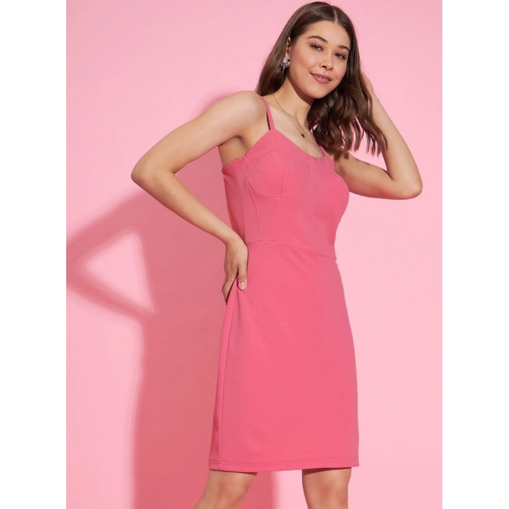 Polyester Lycra Solid Shoulder Straps Dress (Pink) - Image 3