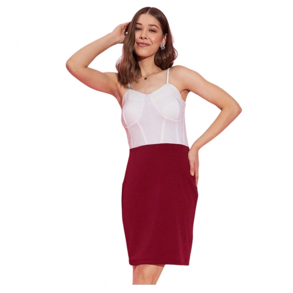 Polyester Lycra Color Blocking Shoulder Straps Dress (White - Maroon)