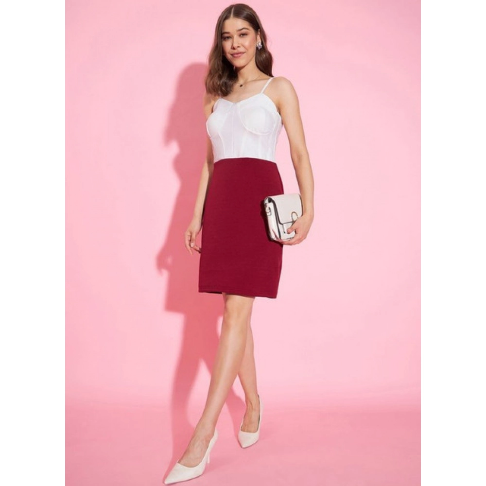 Polyester Lycra Color Blocking Shoulder Straps Dress (White - Maroon) - Image 5