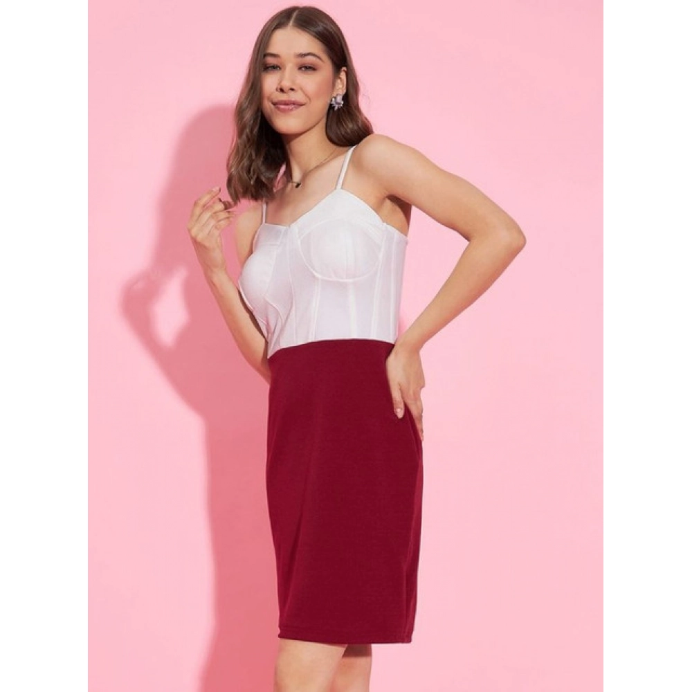 Polyester Lycra Color Blocking Shoulder Straps Dress (White - Maroon) - Image 4