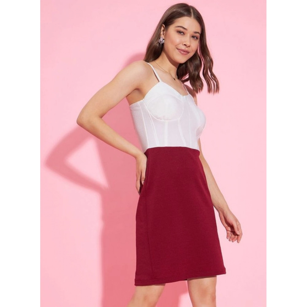 Polyester Lycra Color Blocking Shoulder Straps Dress (White - Maroon) - Image 3