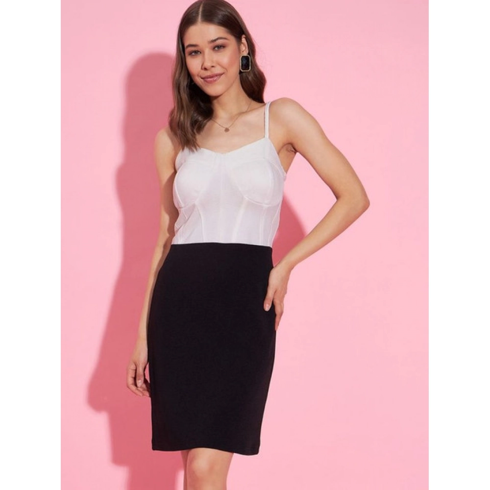 Polyester Lycra Color Blocking Shoulder Straps Dress (White - Black) - Image 2