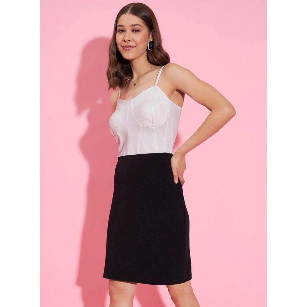Polyester Lycra Color Blocking Shoulder Straps Dress (White - Black) - Image 4