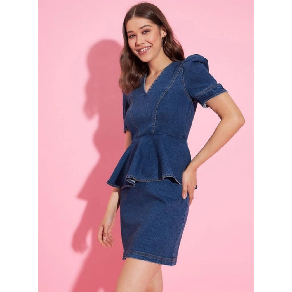 Denim Solid Puff Sleeves Dress (Blue) - Image 4