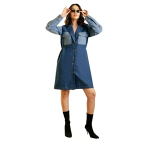 Denim Color Blocking Roll Up Dress (Blue)