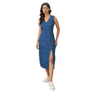 Denim Solid Sleeveless Dress (Blue)