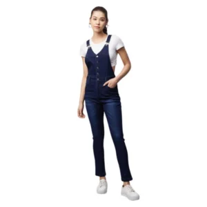 Denim Lycra Solid Buttoned Dungaree (Navy)