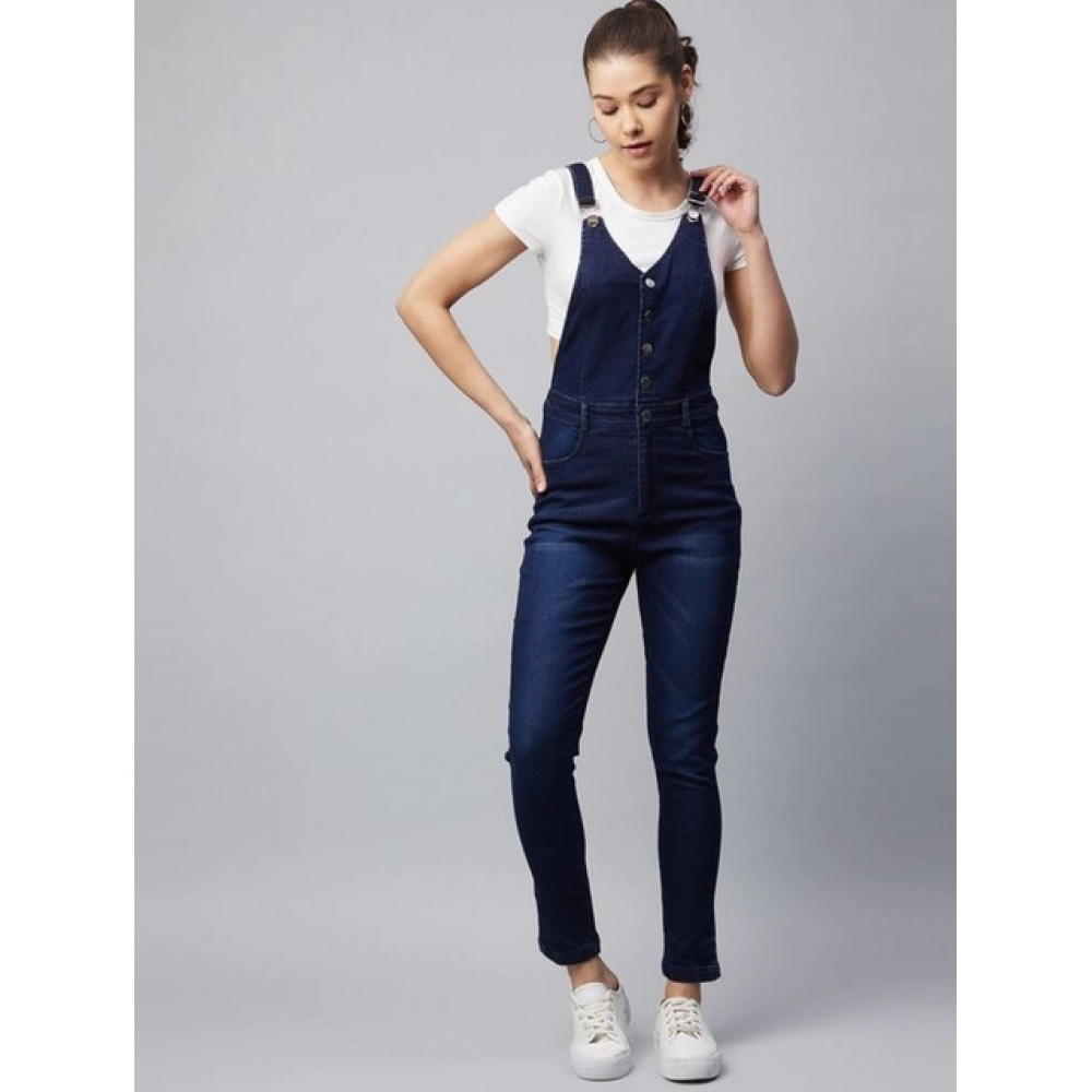 Denim Lycra Solid Buttoned Dungaree (Navy) - Image 5