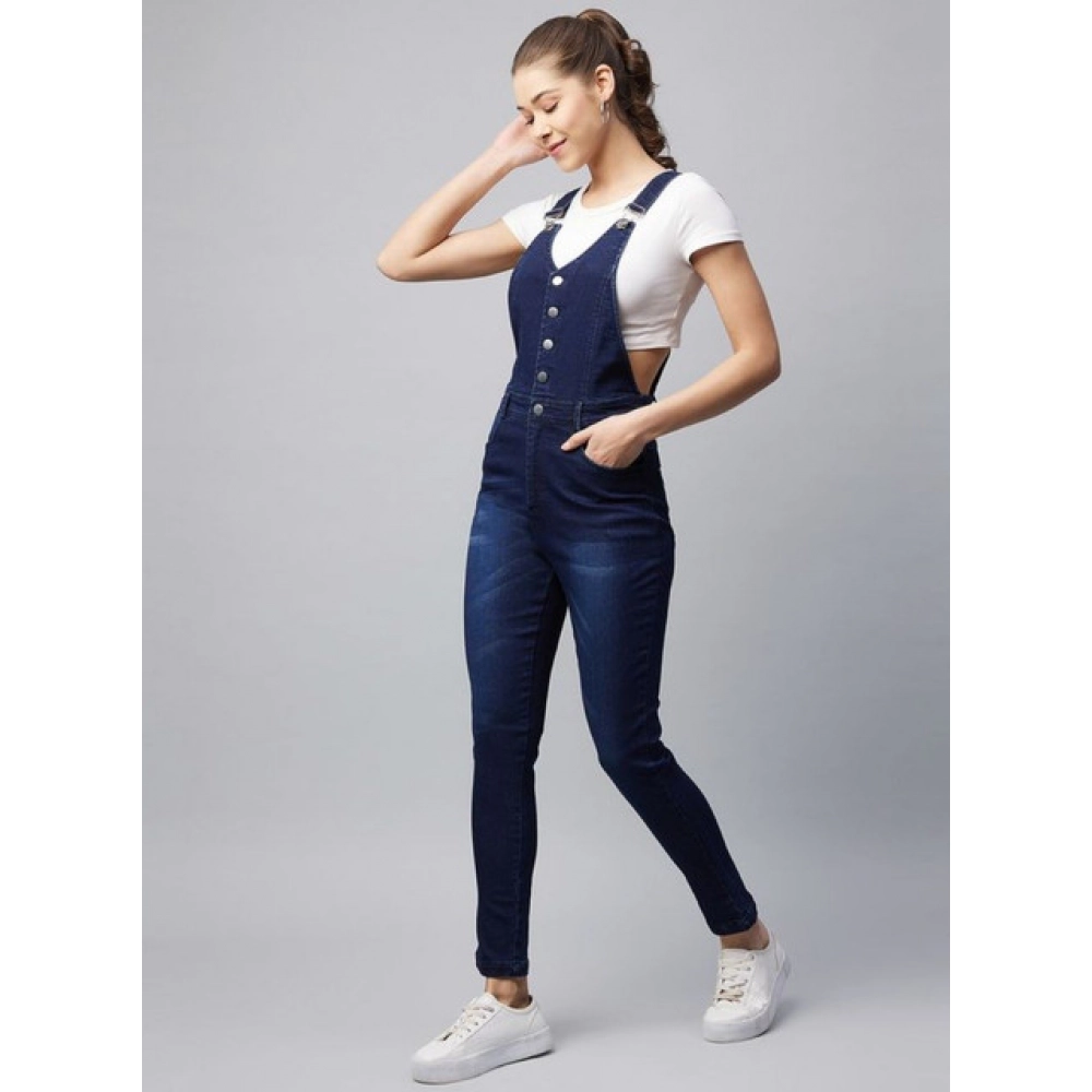 Denim Lycra Solid Buttoned Dungaree (Navy) - Image 4