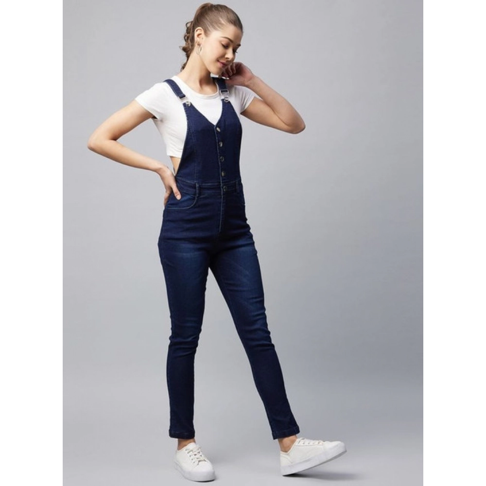 Denim Lycra Solid Buttoned Dungaree (Navy) - Image 3