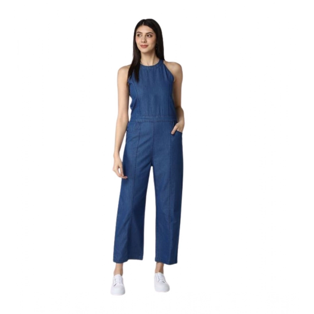 Denim Solid Sleeveless Jumpsuit (Blue)