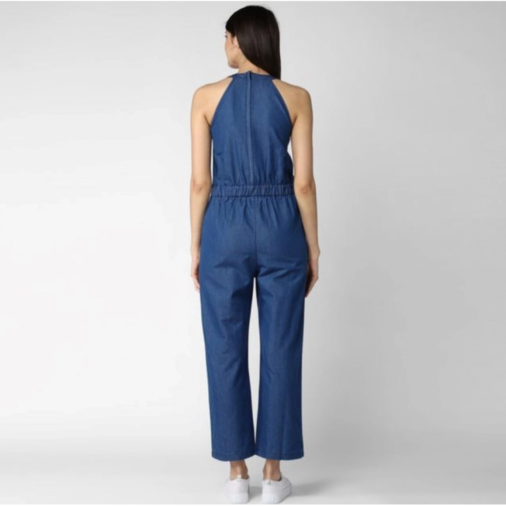 Denim Solid Sleeveless Jumpsuit (Blue) - Image 5