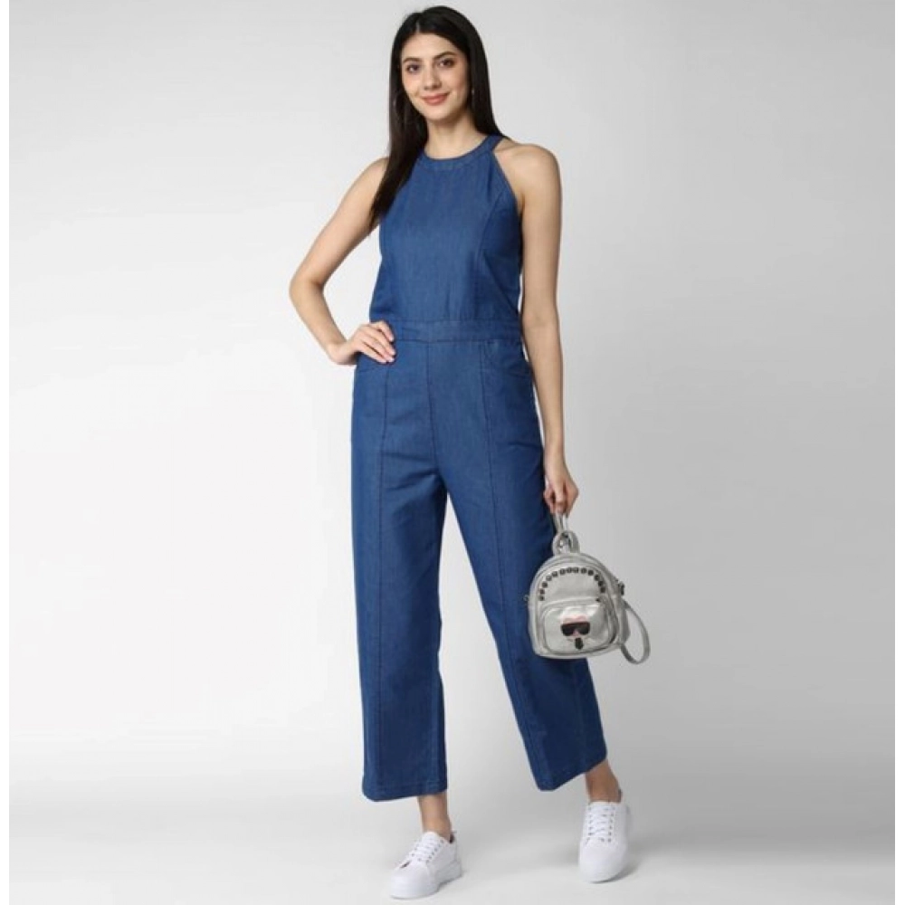 Denim Solid Sleeveless Jumpsuit (Blue) - Image 4