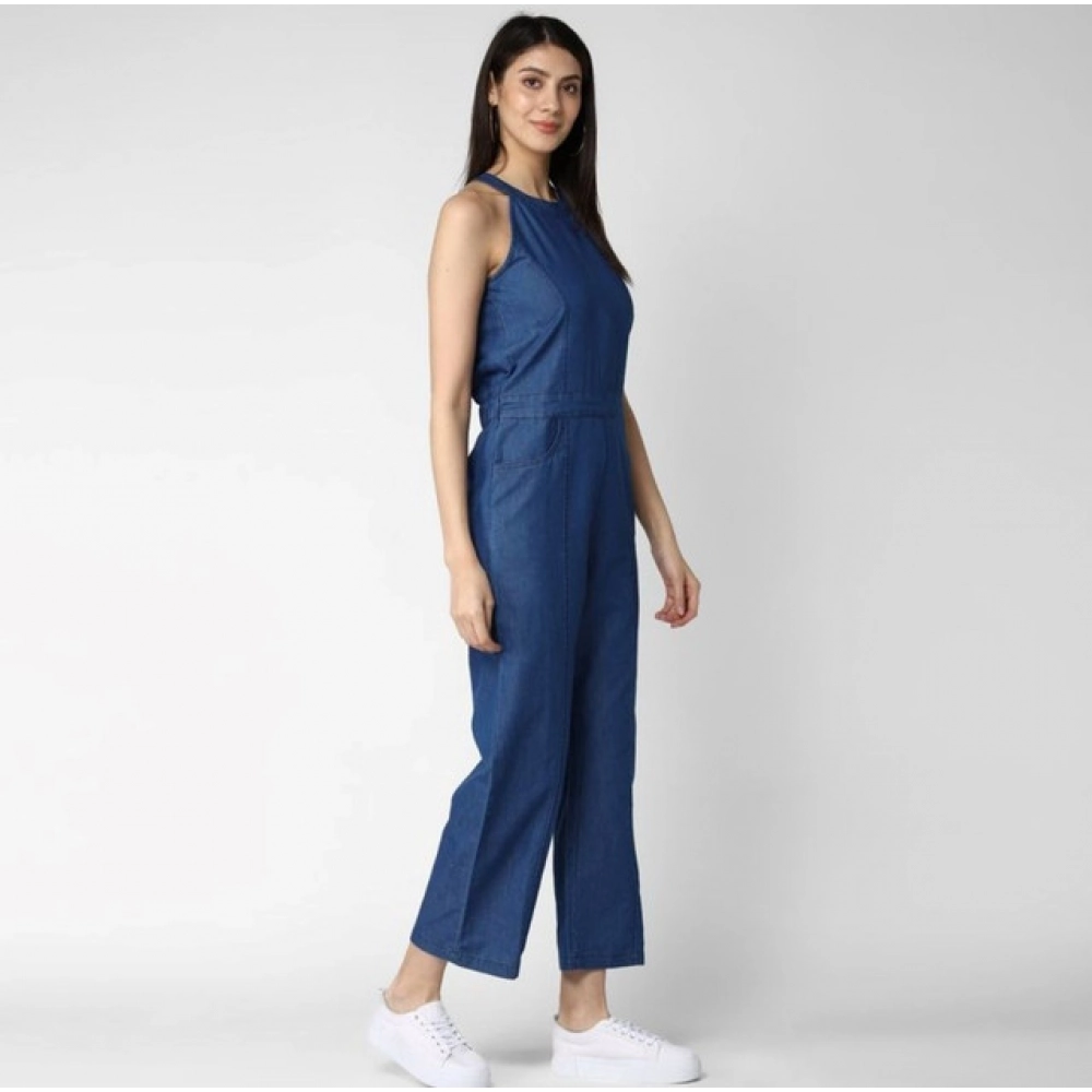 Denim Solid Sleeveless Jumpsuit (Blue) - Image 3