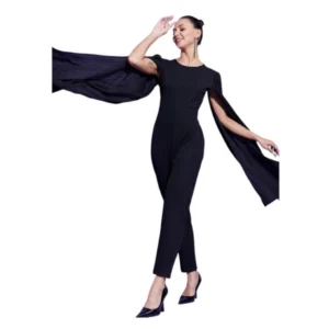 Polyeter Solid Cape Sleeve Jumpsuit (Black)