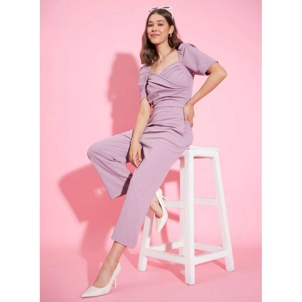 Polyester Lycra Solid Puff Sleeve Jumpsuit (Lavender) - Image 5