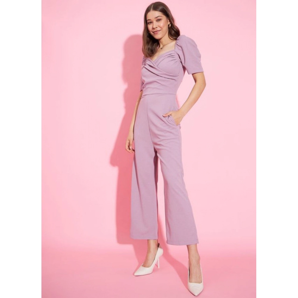 Polyester Lycra Solid Puff Sleeve Jumpsuit (Lavender) - Image 4