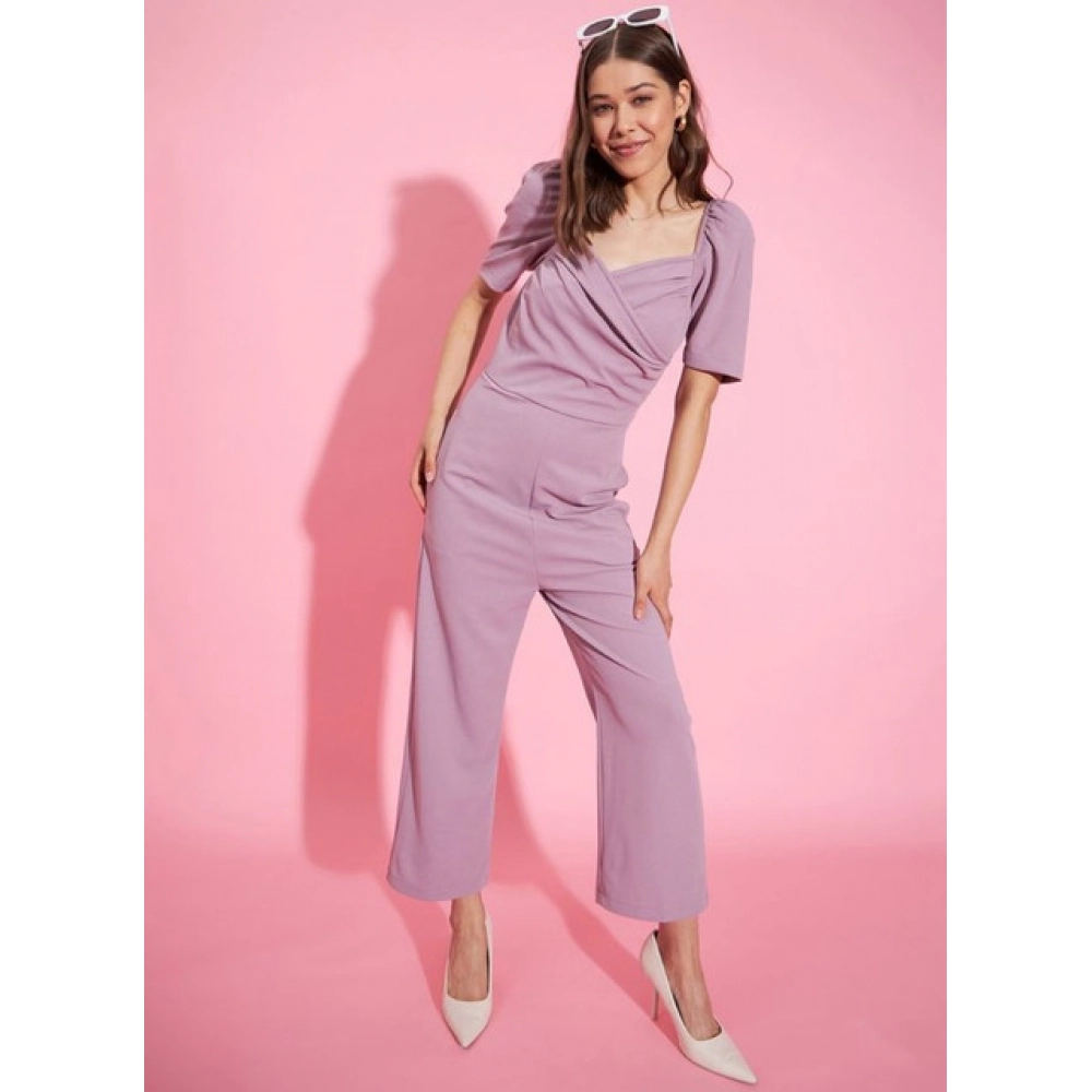 Polyester Lycra Solid Puff Sleeve Jumpsuit (Lavender) - Image 3