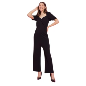 Polyester Lycra Solid Puff Sleeve Jumpsuit (Black)