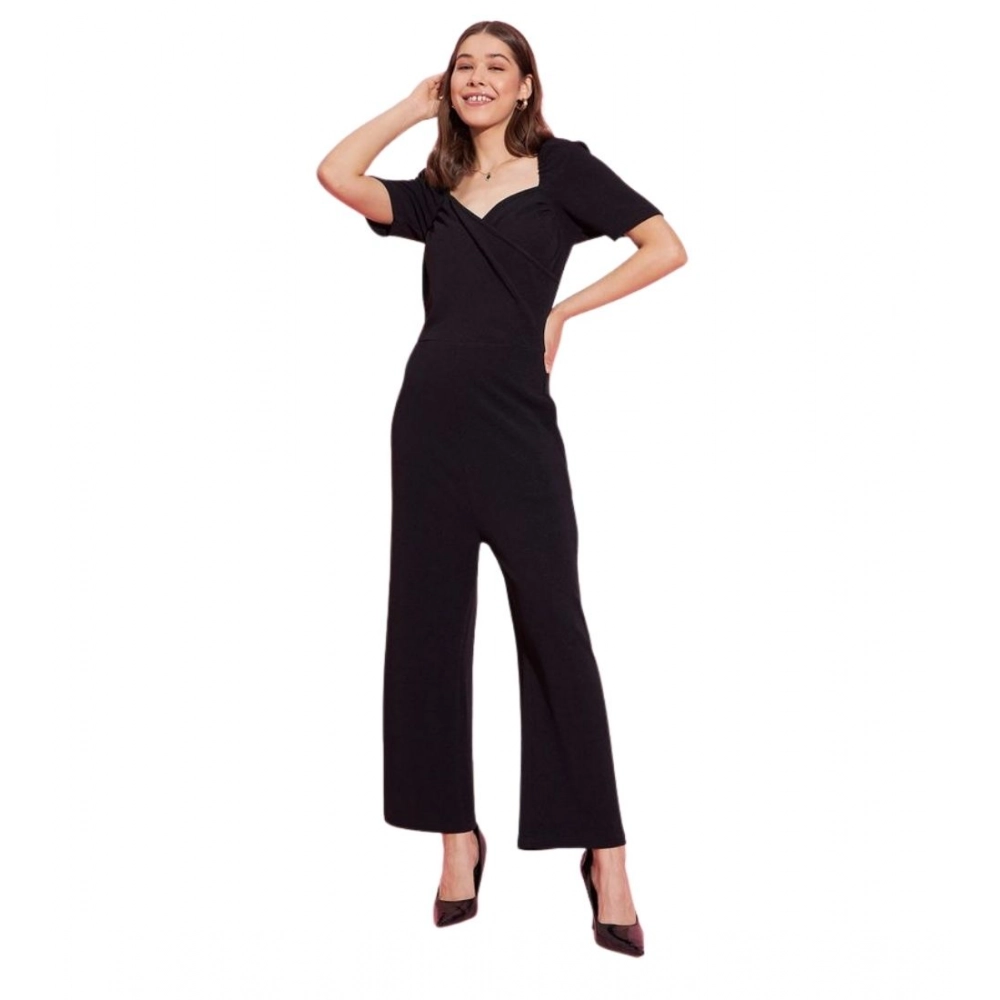Polyester Lycra Solid Puff Sleeve Jumpsuit (Black)