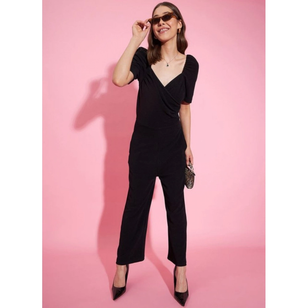 Polyester Lycra Solid Puff Sleeve Jumpsuit (Black) - Image 5