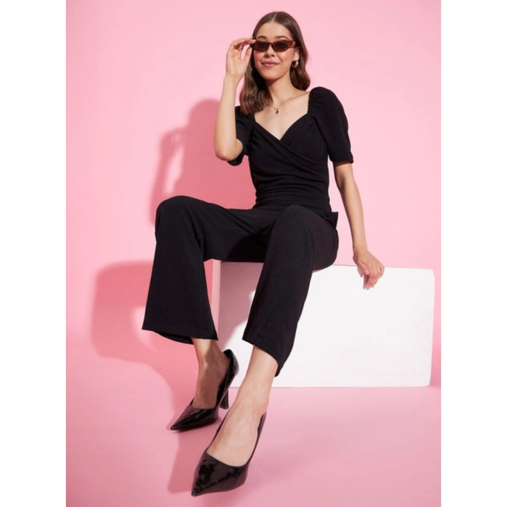 Polyester Lycra Solid Puff Sleeve Jumpsuit (Black) - Image 4