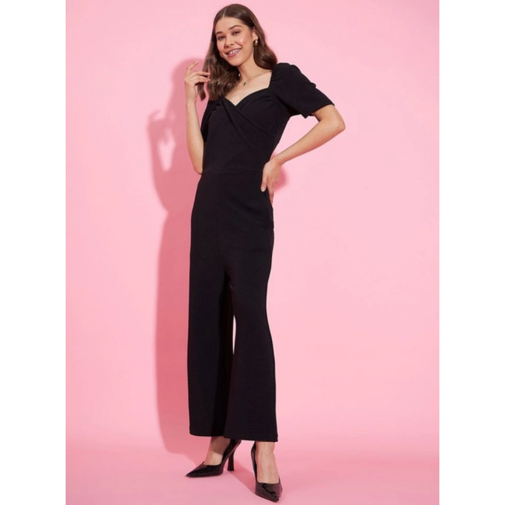 Polyester Lycra Solid Puff Sleeve Jumpsuit (Black) - Image 3
