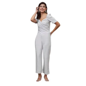 Polyester Shimmer Self Design Short Sleeve Jumpsuit (Silver)
