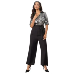 Satin And Polyester Floral Half Sleeves Jumpsuit (Grey - Black)