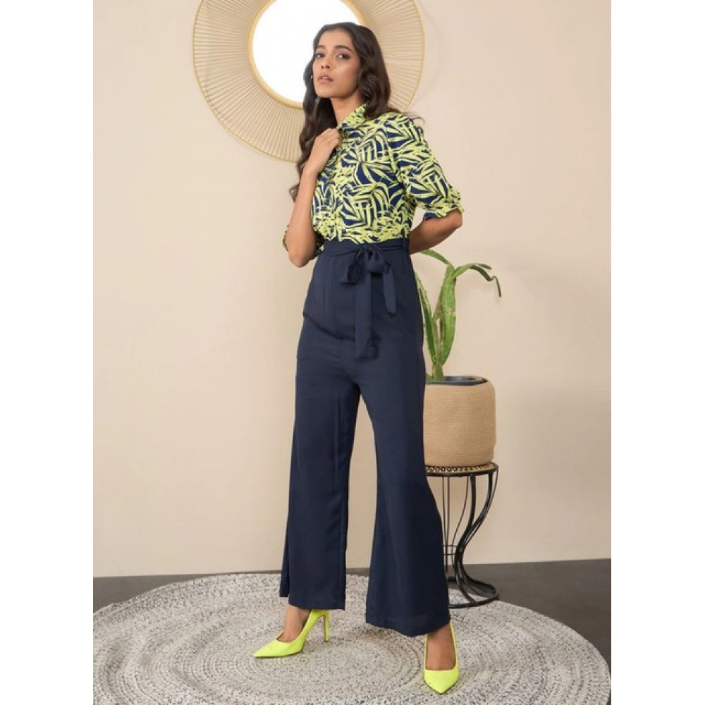 Polyester Floral Half Sleeves Jumpsuit (Navy - Yellow) - Image 5