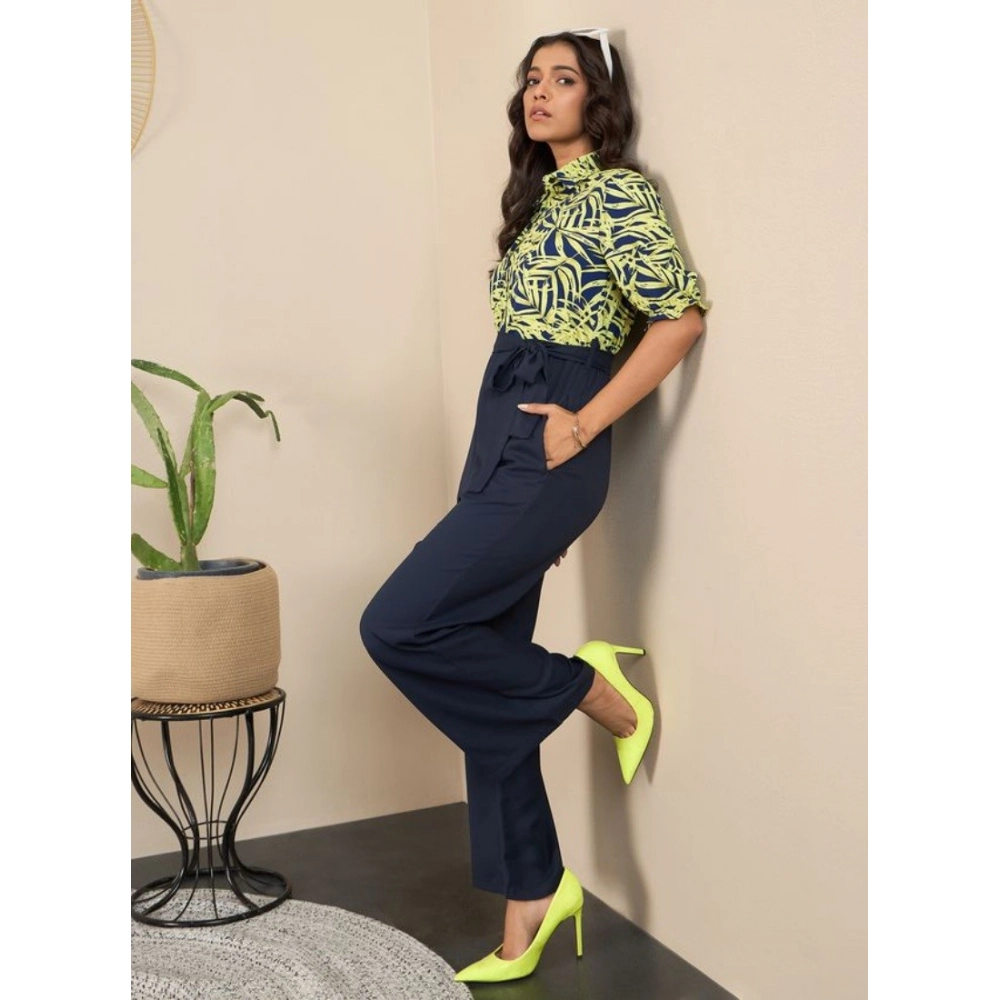 Polyester Floral Half Sleeves Jumpsuit (Navy - Yellow) - Image 4