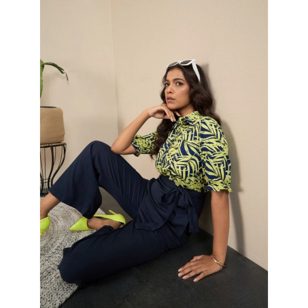 Polyester Floral Half Sleeves Jumpsuit (Navy - Yellow) - Image 3