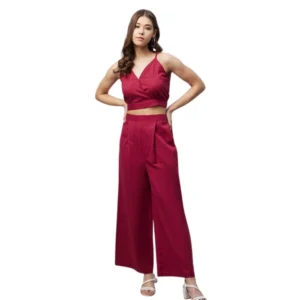 Cotton Linen Solid Sleeveless Crop Top and Palazzo Set (Maroon)